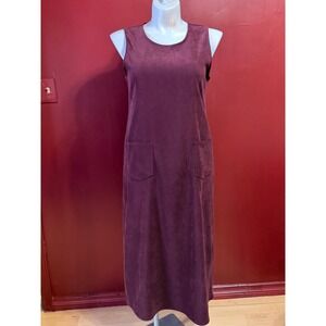 Vintage Overall Dress Size 14P Burgundy Velvet Midi Jumper Casual Everyday Dress